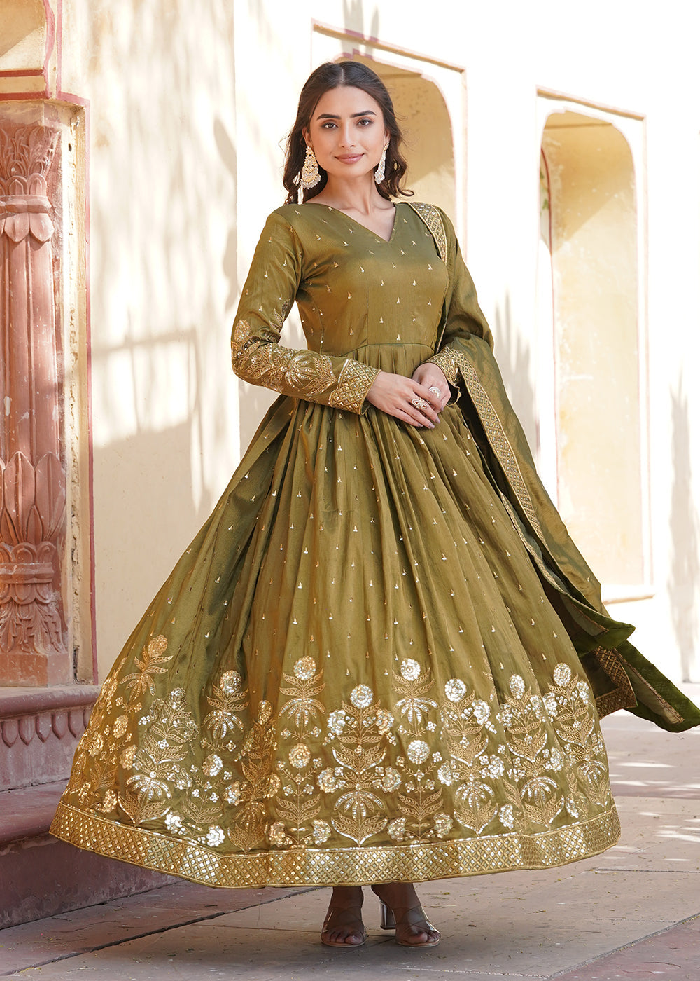 Olive Green Readymade Anarkali Suit In Georgette