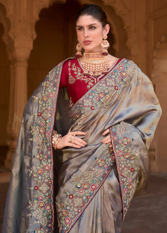 Grey Heavy Embroidered Organza Bridal Wear Saree