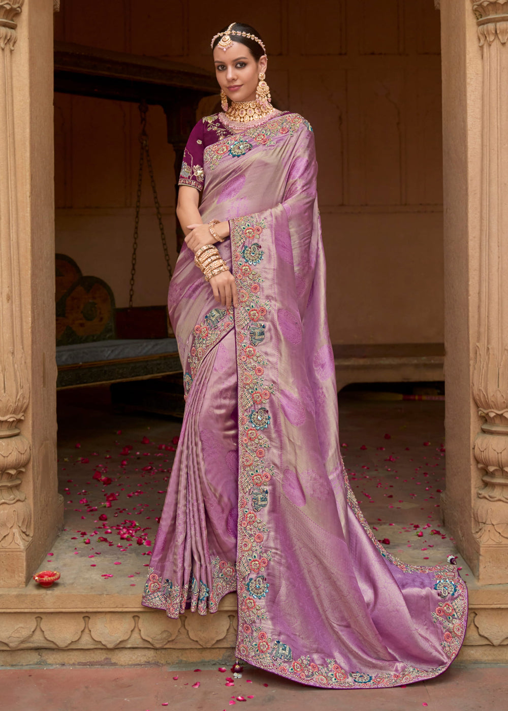 Purple Heavy Embroidered Organza Bridal Wear Saree