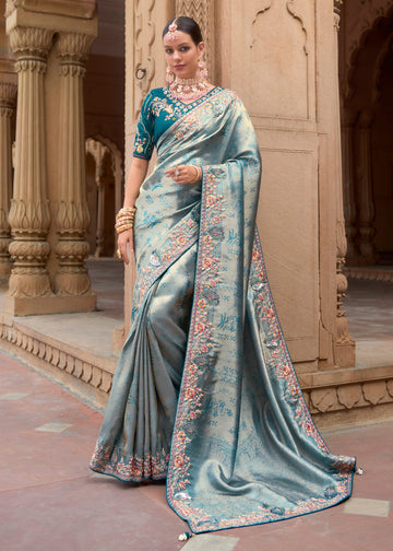 Blue Heavy Embroidered Organza Party Wear Saree