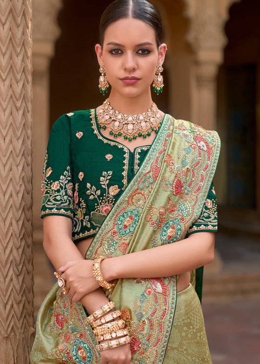 Green Heavy Embroidered Organza Bridal Wear Saree