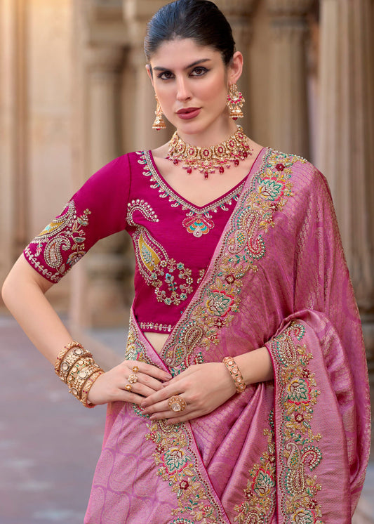 Pink Heavy Embroidered Organza Bridal Wear Saree