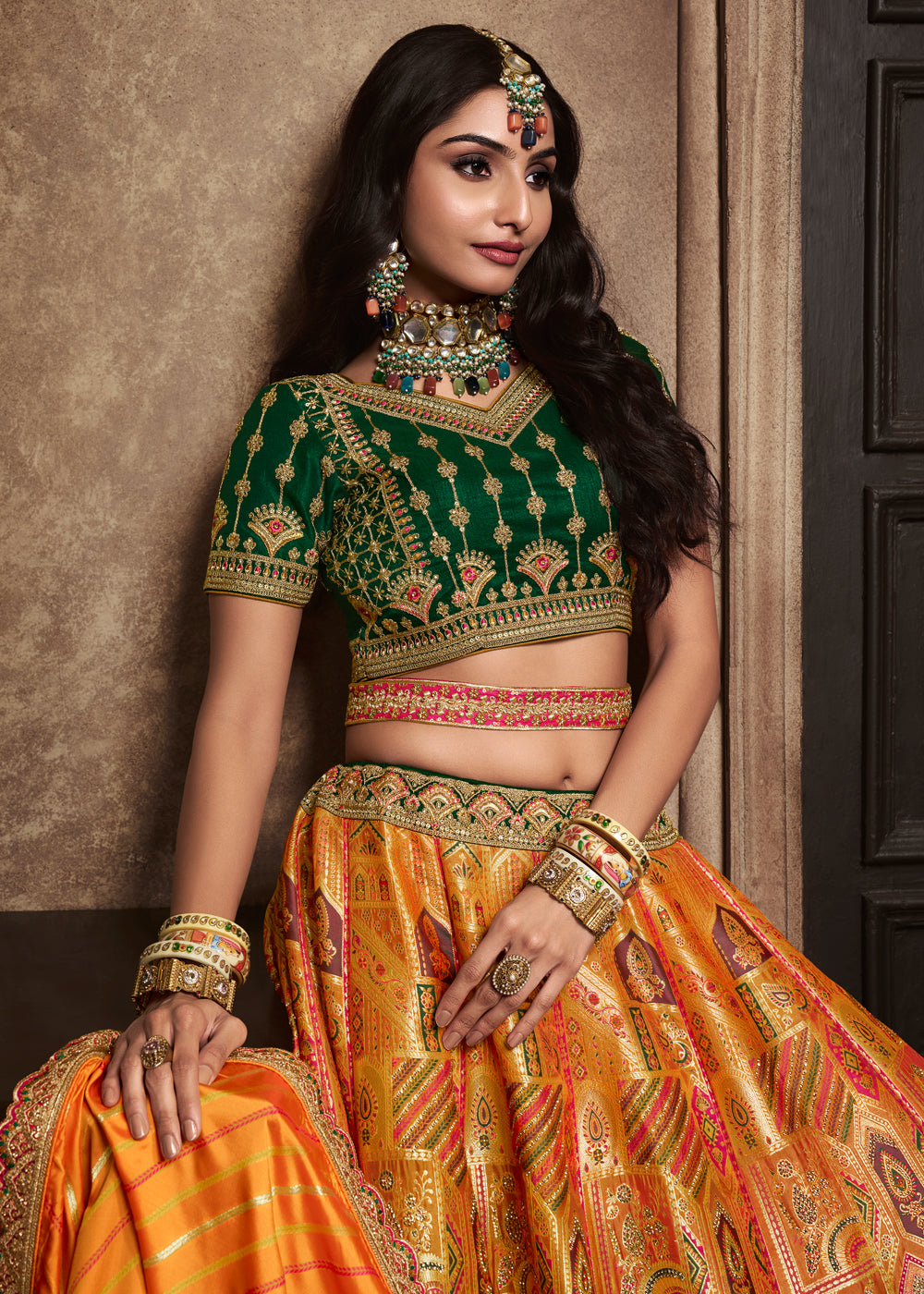 Yellow & Pink Silk Embroidered Lehenga Choli - Indian Paridhan 