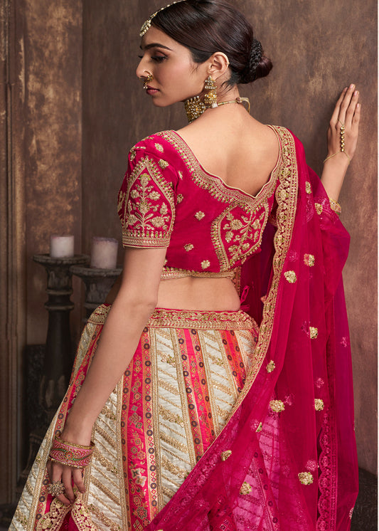 White & Pink Silk Embroidered Lehenga Choli