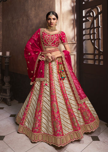 White & Pink Silk Embroidered Lehenga Choli