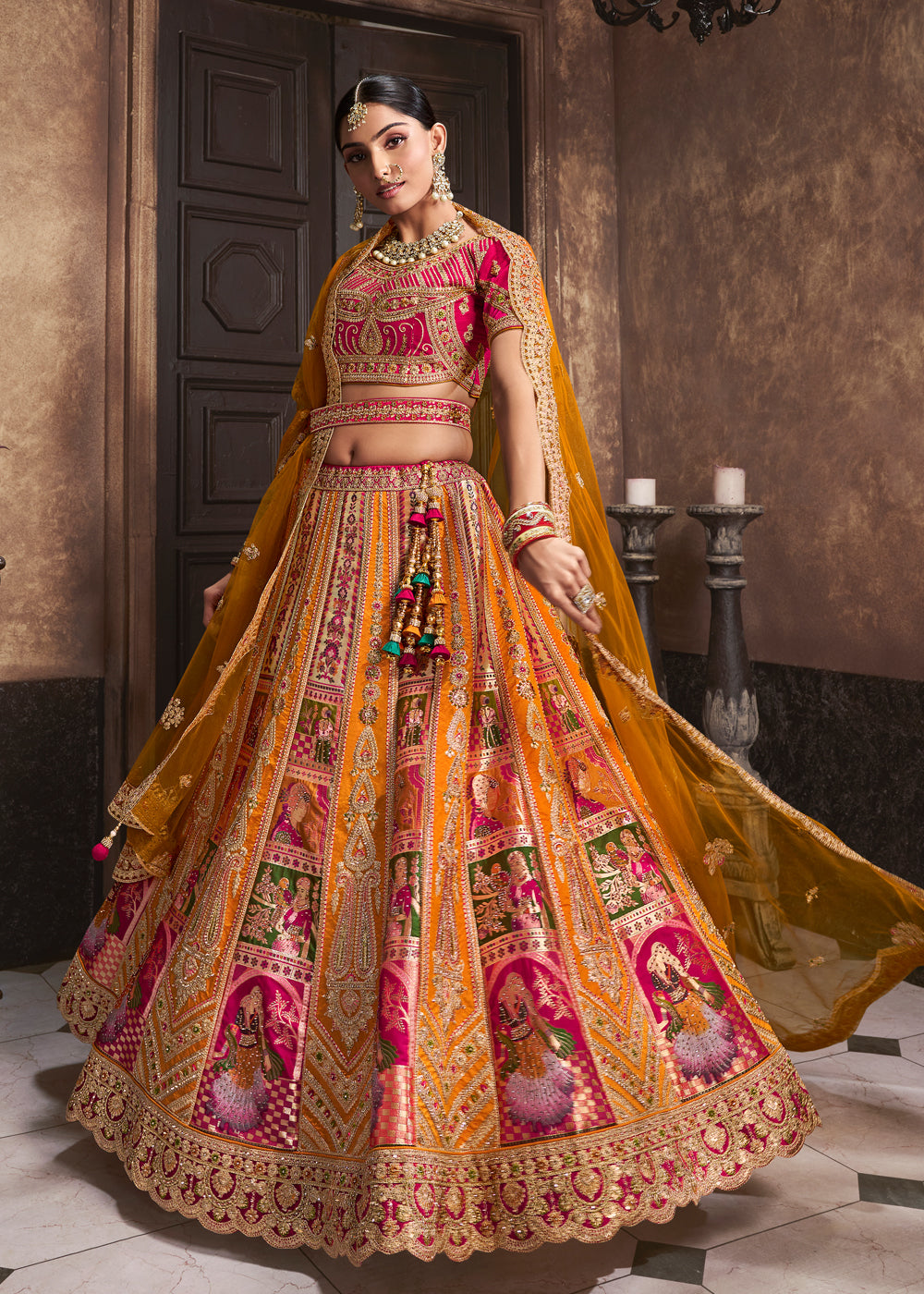 Orange Embroidered Zari Work Silk Lehenga Choli