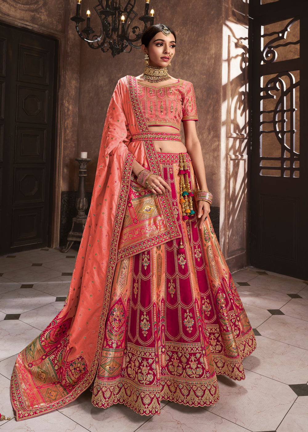 Peach Zari Embroidered Silk Lehenga Choli