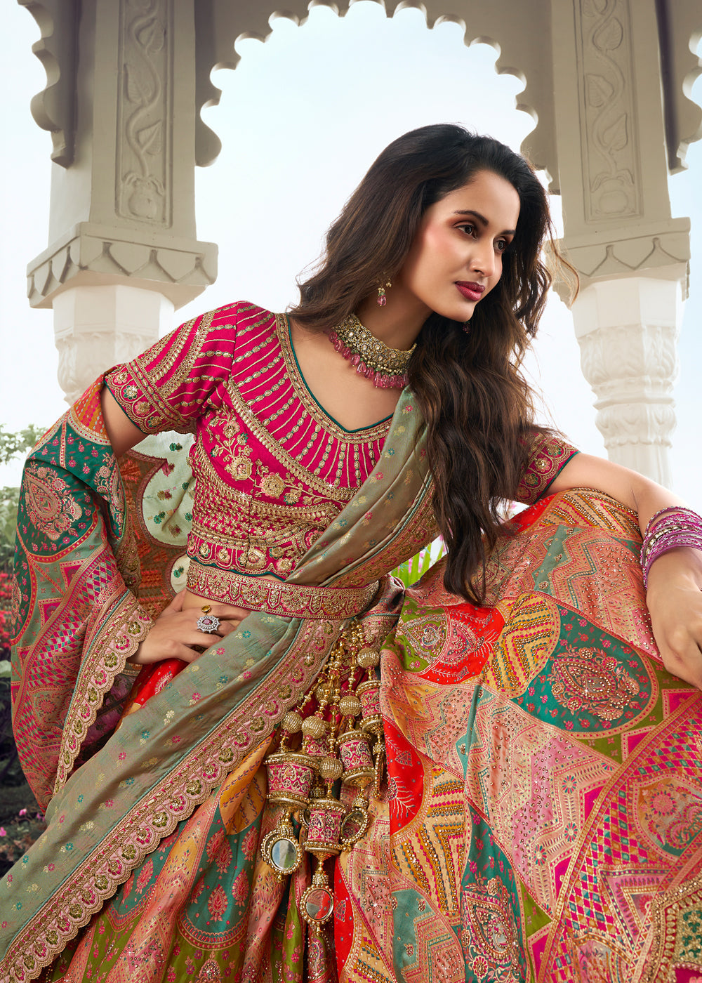 Multicolor Embroidered Lehenga Choli In Silk - Indian Paridhan 