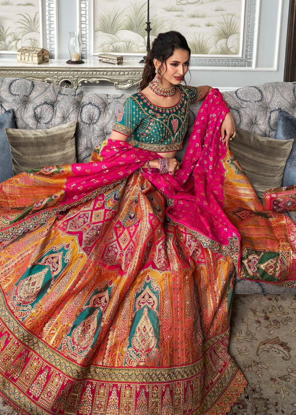 Rani Pink Embroidered Banarasi Silk Bridal Lehenga - Indian Paridhan 