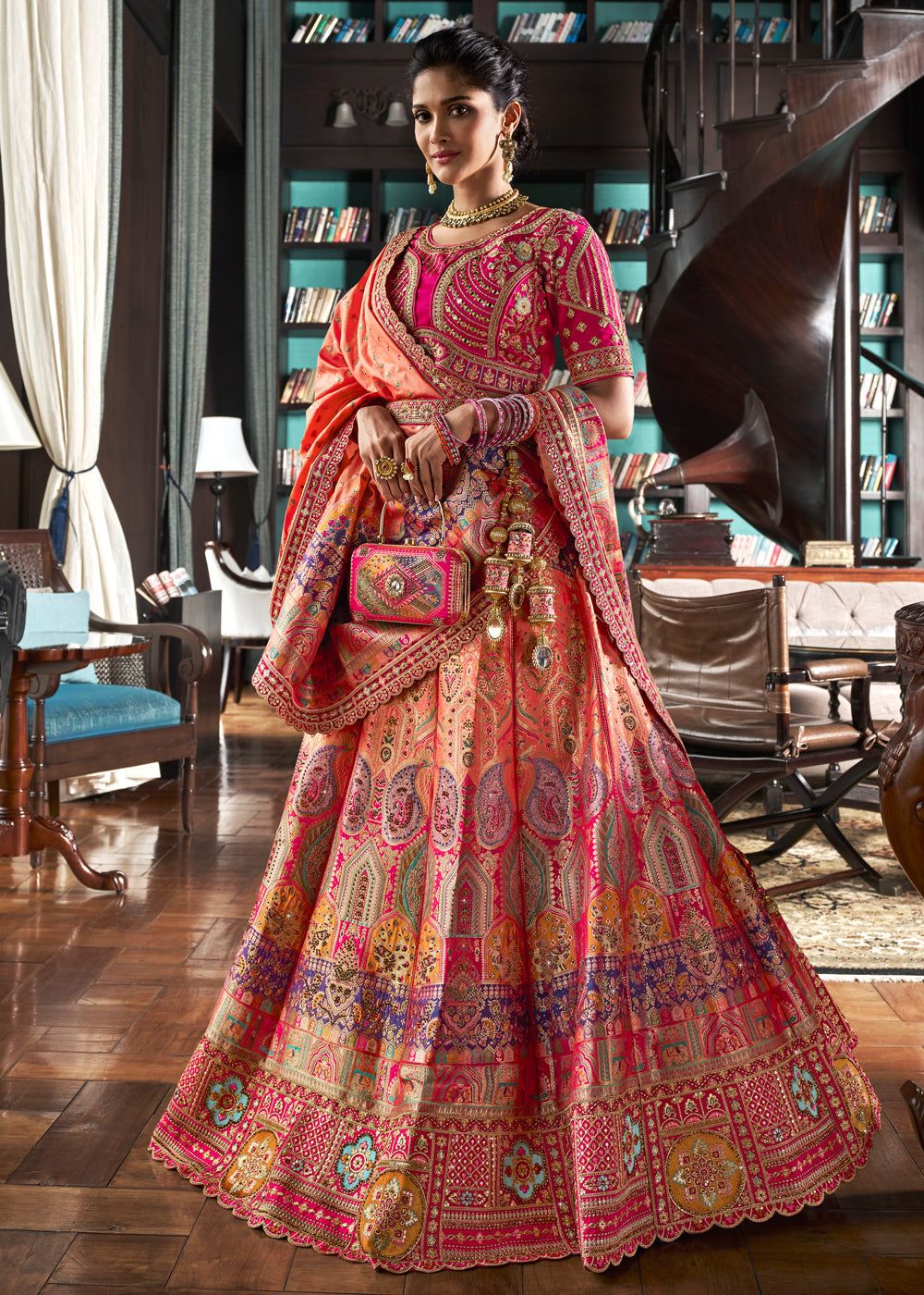 Peach Embroidered Banarasi Silk Bridal Lehenga - Indian Paridhan 