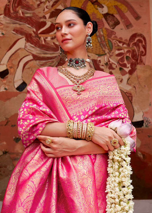 Pink Zari Woven Banarasi Silk Saree