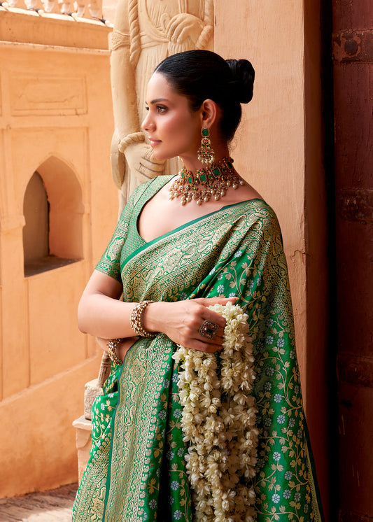 Green Woven Embroidered Banarasi Silk Saree