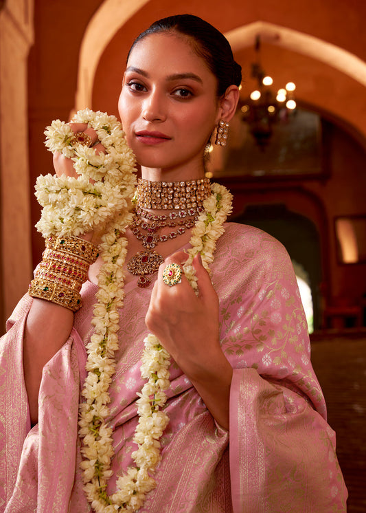 Baby Pink Zari Woven Banarasi Silk Saree