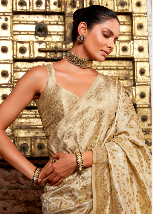 Beige Zari Embroidered Wedding Saree In Silk