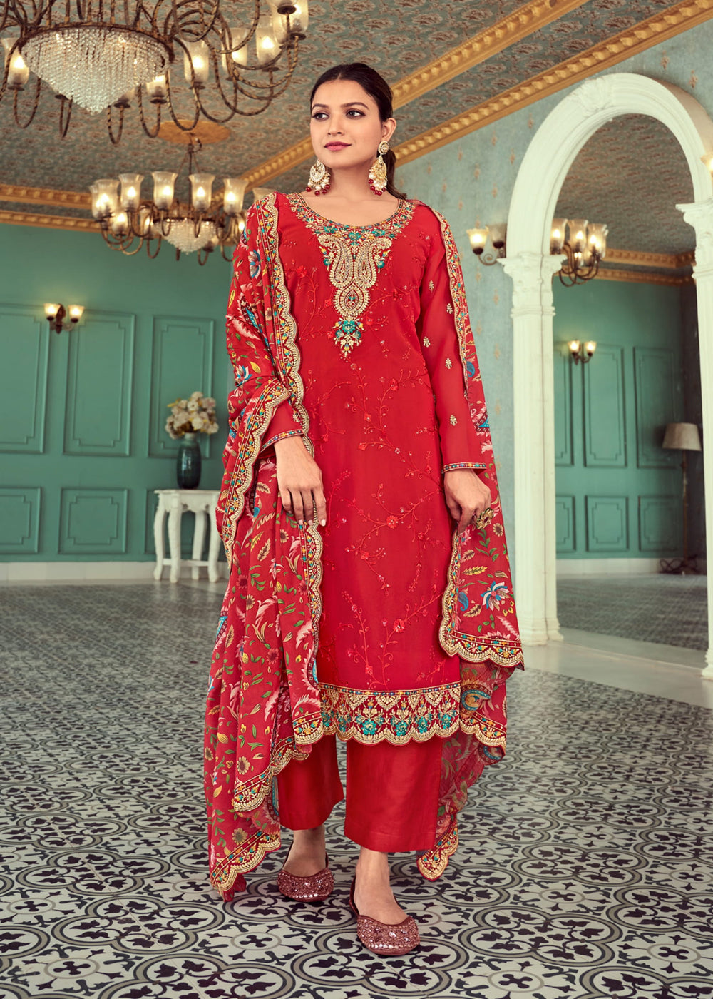 Red Embroidered Indian Palazzo Suit - Indian Paridhan 