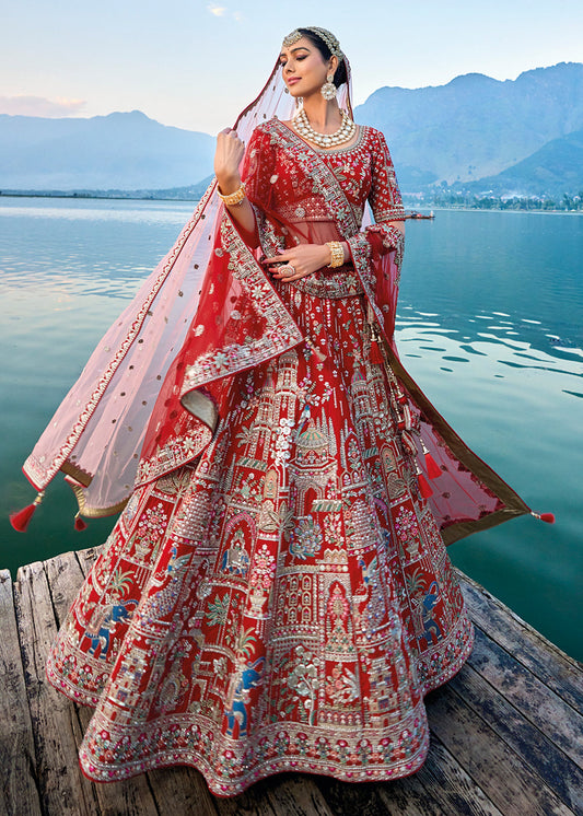 Bright Red Heavy Work Bridal Lehenga Choli