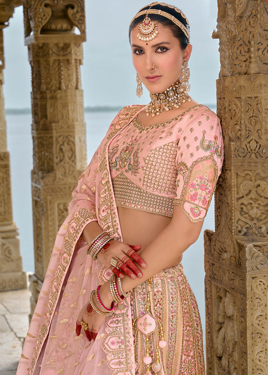 Baby Pink Heavy Embroidered Lehenga Choli In Silk