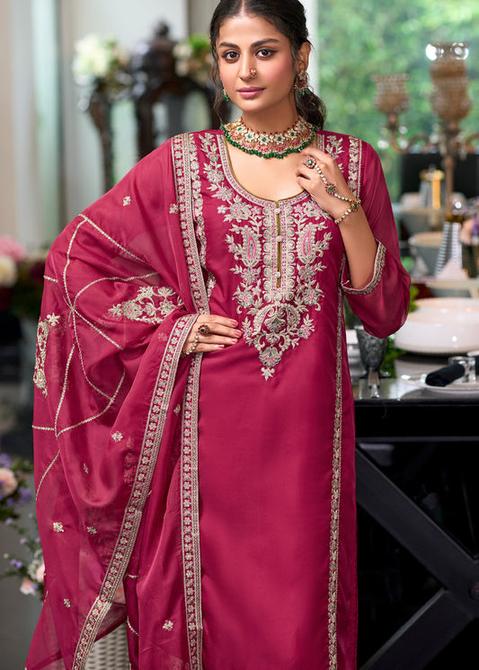 Magenta Embroidered Organza Palazzo Suit