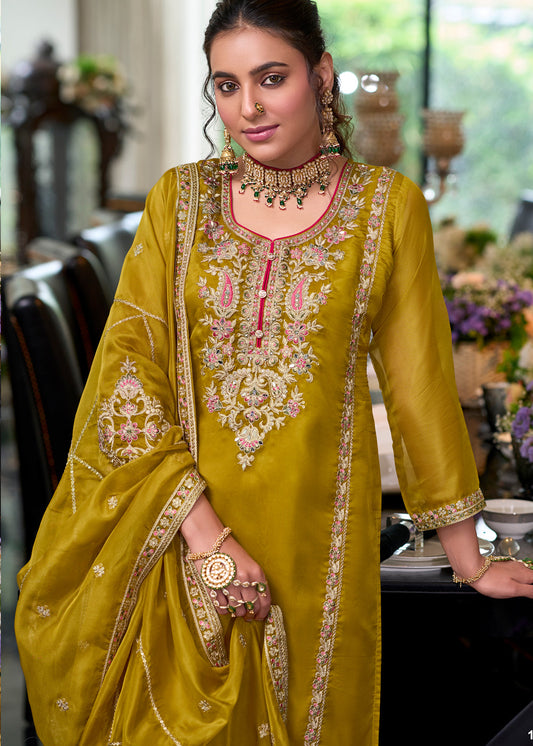 Yellow Embroidered Organza Readymae Palazzo Suit