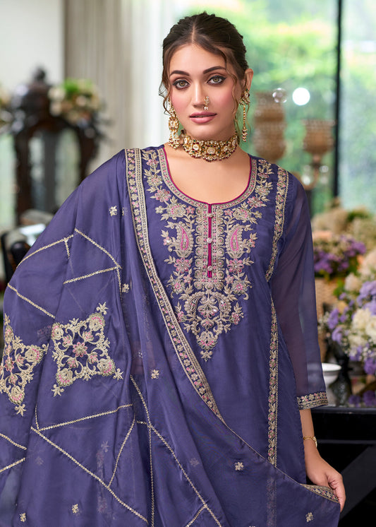 Lavendar Embroidered Organza Readymade Palazzo Suit