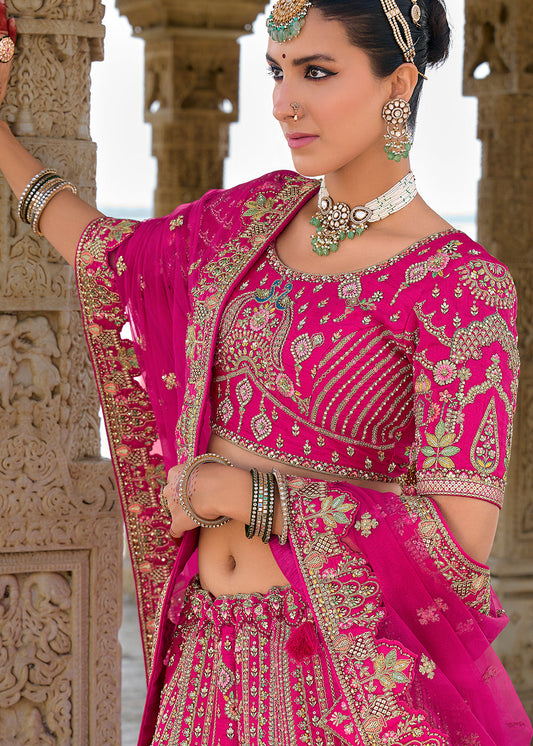 Rani Pink Silk Embroidered Wedding Lehenga Choli