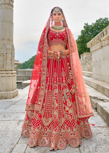 Red Embroidered Bridal Lehenga Choli In Silk