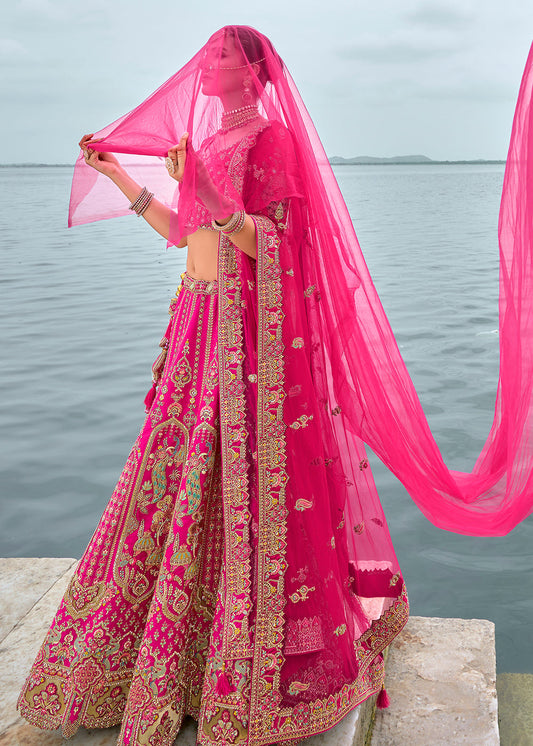 Dark Pink Silk Embroidered Wedding Lehenga Choli