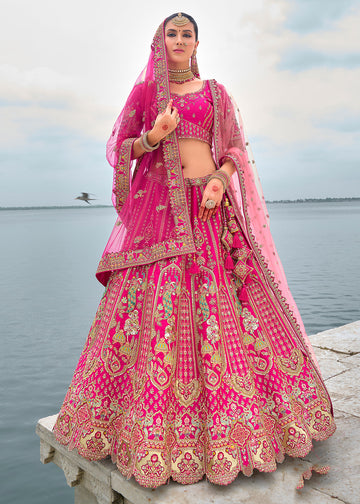 Dark Pink Silk Embroidered Wedding Lehenga Choli