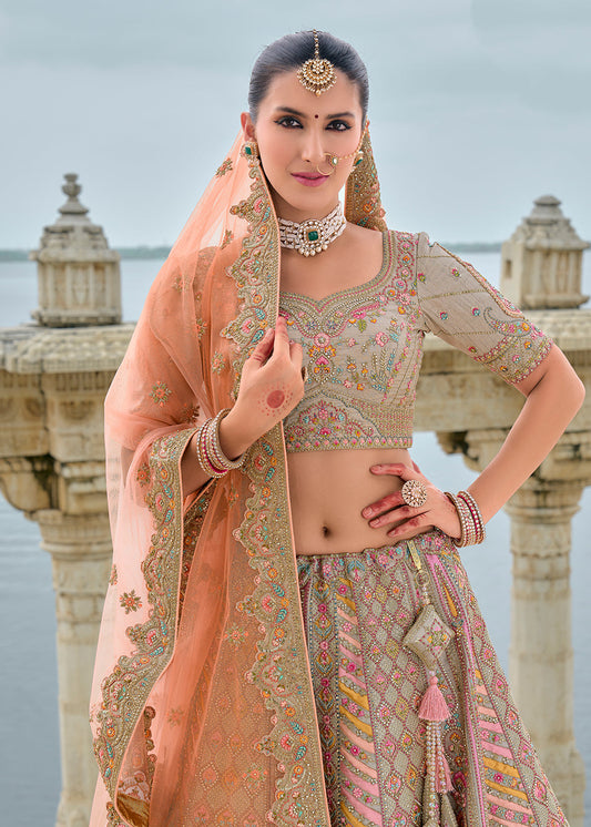 Beige Embroidered Wedding Lehenga Choli In Silk