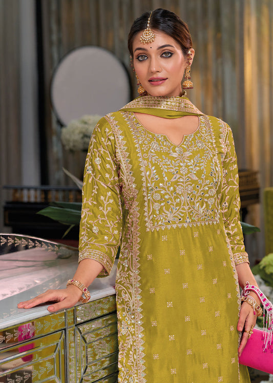 Yellow Zari Embroidered Palazzo Suit In Chinon