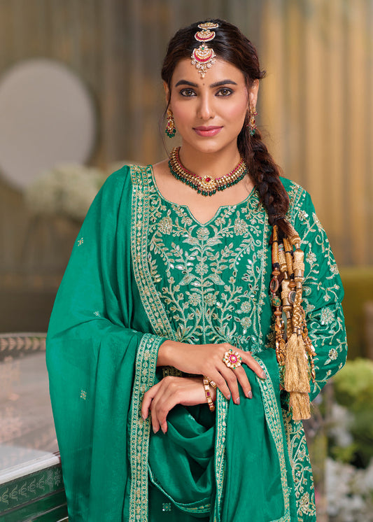 Green Zari Embroidered Palazzo Suit In Chinon