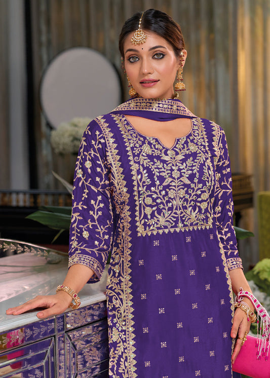 Purple Zari Embroidered Palazzo Suit In Chinon