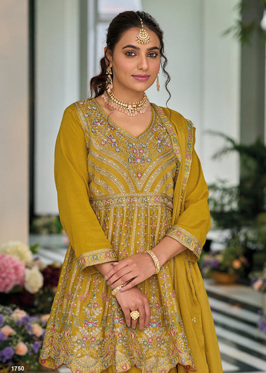 Yellow Color Embroidered Sharara Suit In Chinon