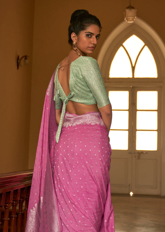 Pink Woven Embroidered Saree In Crepe Silk