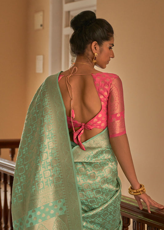 Green Woven Embroidered Saree In Crepe