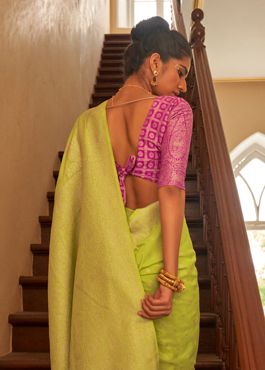 Lime Green Woven Embroidered Saree In Crepe