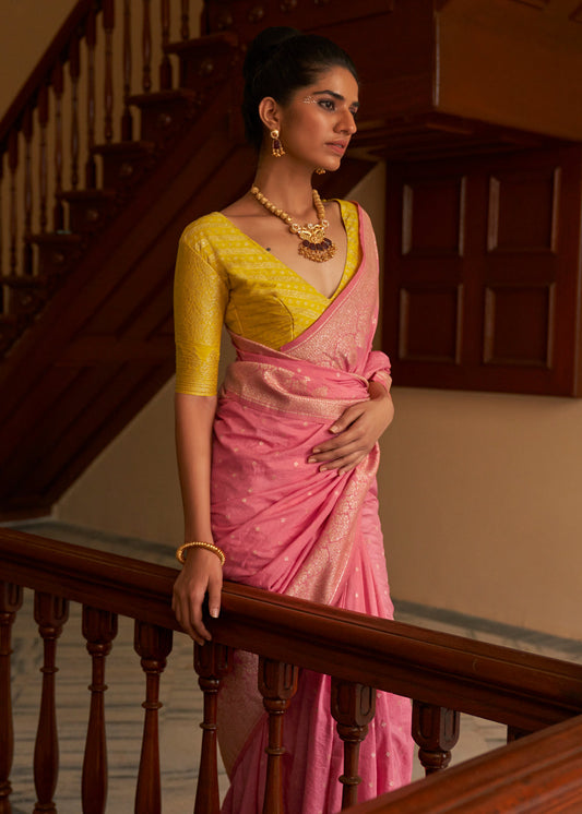 Pink Woven Embroidered Saree In Crepe Silk