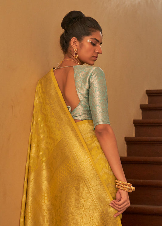 Yellow Woven Embroidered Saree In Crepe Silk