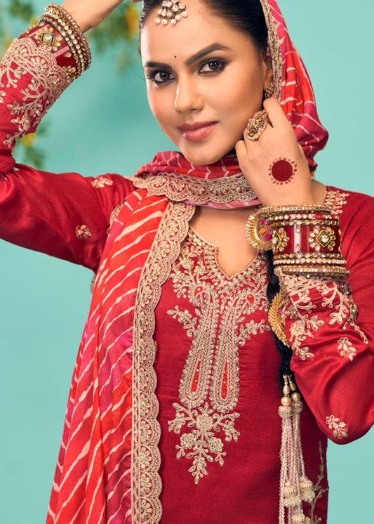 Red Heavy Work Punjabi Suit With Dupatta