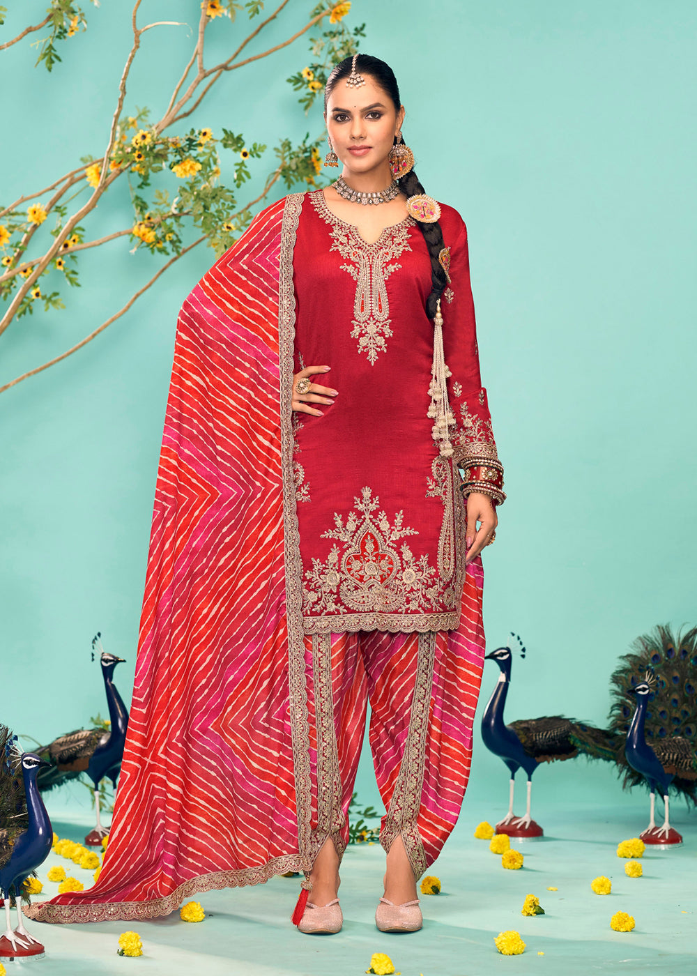 Red Heavy Work Punjabi Suit With Dupatta