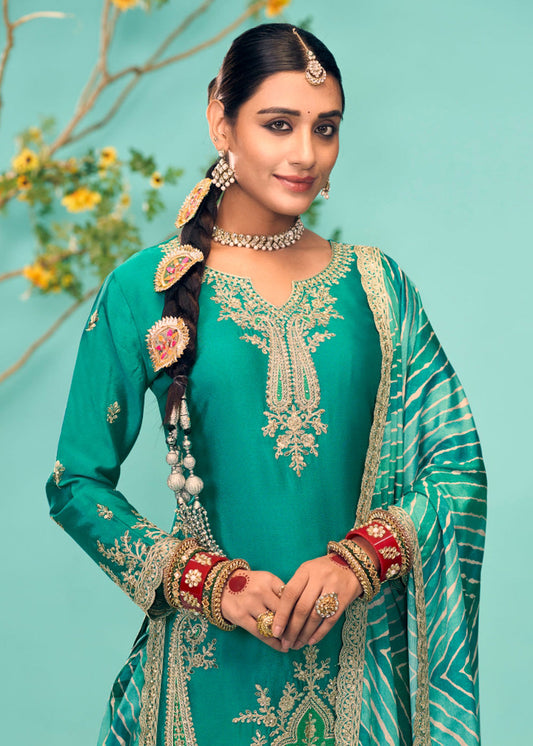 Green Heavy Work Punjabi Suit With Dupatta