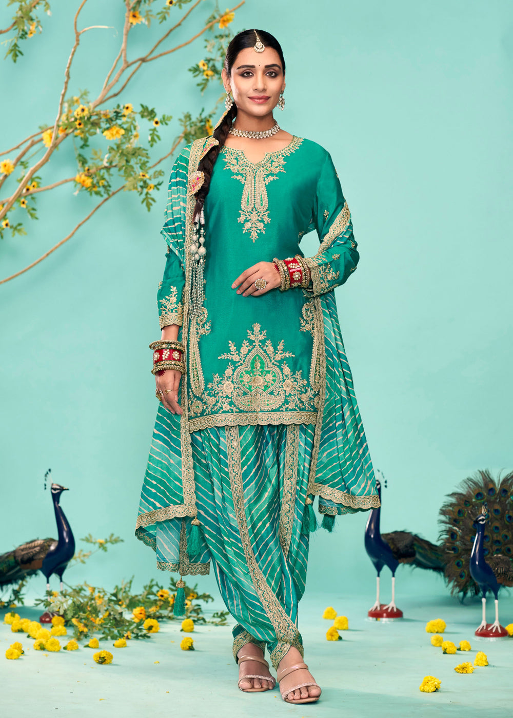 Green Heavy Work Punjabi Suit With Dupatta