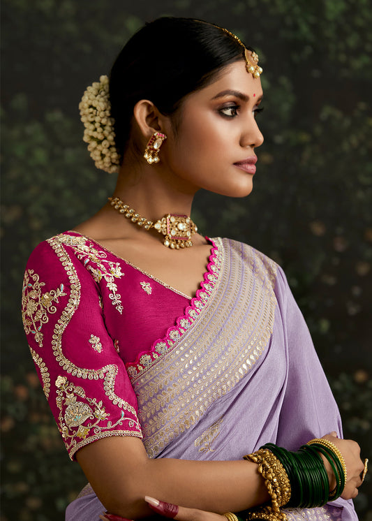 Lavendar Zari Woven Embroidered Bridal Saree