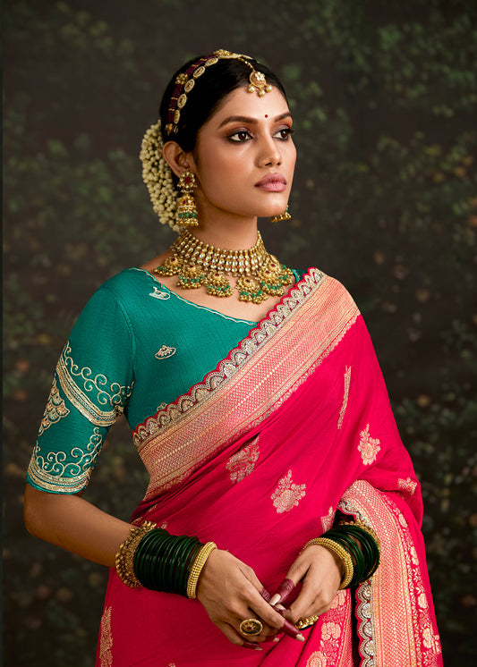 Rani Pink Zari Woven Embroidered Indian Saree