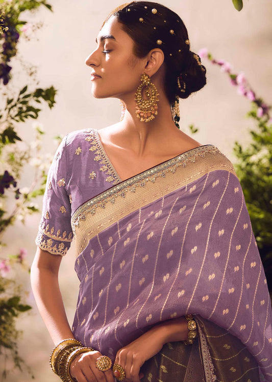 Lilac Heavy Embroidered Saree In Silk