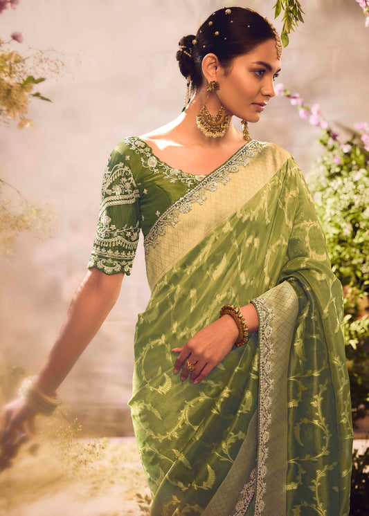 Green Heavy Woven Embroidered Saree In Silk