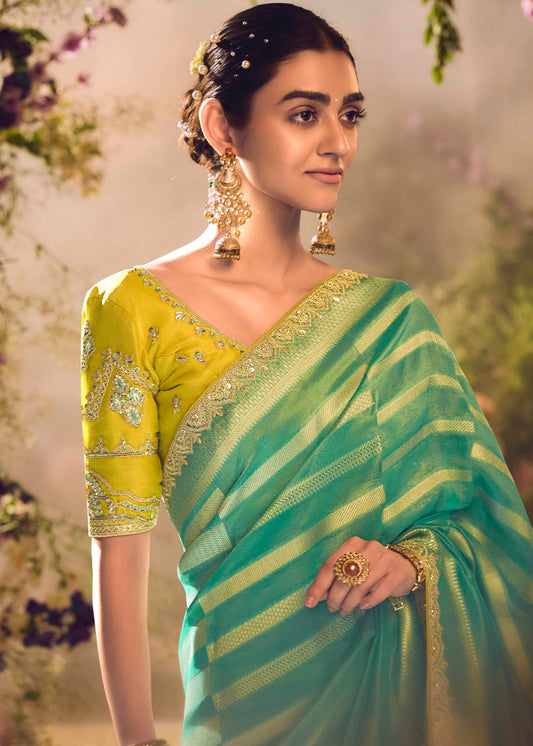 Green Zari Woven Embroidered Saree In Silk