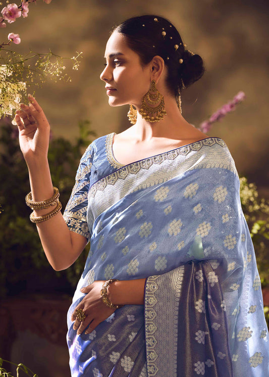 Blue Woven Embroidered Banarasi Silk Saree