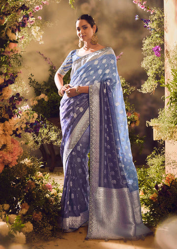 Blue Woven Embroidered Banarasi Silk Saree