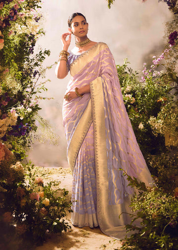 Purple Heavy Zari Embroidered Silk Saree